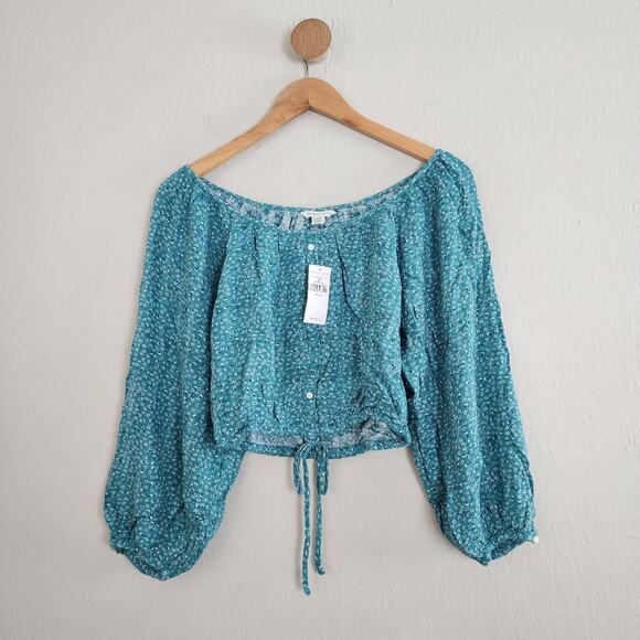NEW American Eagle Outfitters Green Floral Long Sleeve Crop Top - Picture 1 of 10